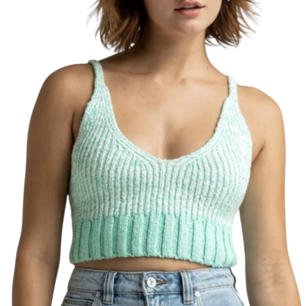 Free People Here All Day Cropped Tank Medium Intimately Crochet Mint & Cream